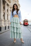 Turkuaz Uzun Mint Volanlı Kat Beli Lastikli Kupra Krep Etek