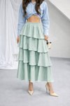 Turkuaz Uzun Mint Volanlı Kat Beli Lastikli Kupra Krep Etek