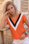 Turuncu Kiremit Bloklu V Yaka Kısa Duble Kol Airobin Bluz