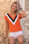 Turuncu Kiremit Bloklu V Yaka Kısa Duble Kol Airobin Bluz