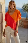 بلوزة كريب فضفاضة برتقالية بياقة V عميقة وأكتاف ساقطة
