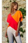 Turuncu Salaş Düşük Kol Derin V Yaka Krep Bluz