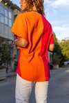 Turuncu Salaş Düşük Kol Derin V Yaka Krep Bluz