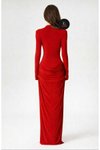 Kırmızı Uzun Drapeli Büzgülü Yarım Balıkçı Abiye Elbise