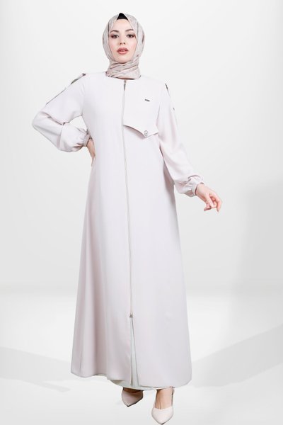 Zip-Up Elastic-Cuff Epaulette Abaya - Beige