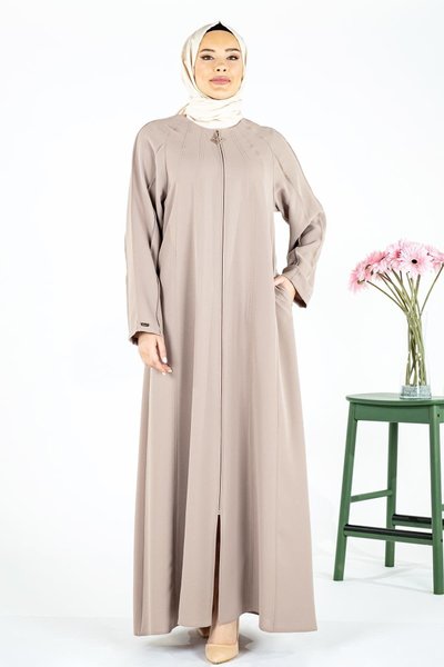 Panelled Ribbed Abaya - Beige