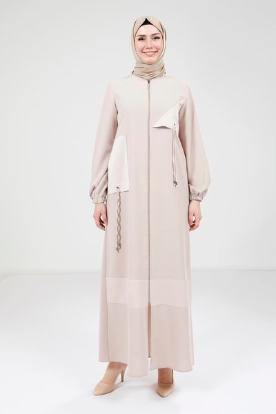 Satin-Trimmed Ferace Abaya - Beige
