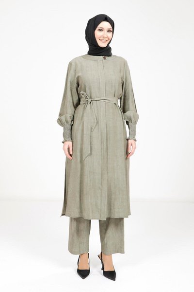 Belted Modest Two-Piece Set - Khaki
