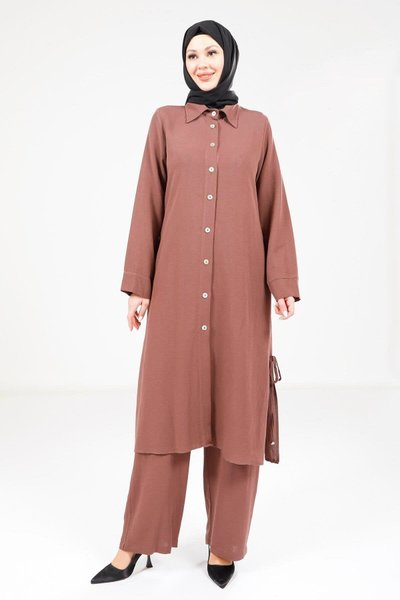Linen Modest Two-Piece Set - Brown