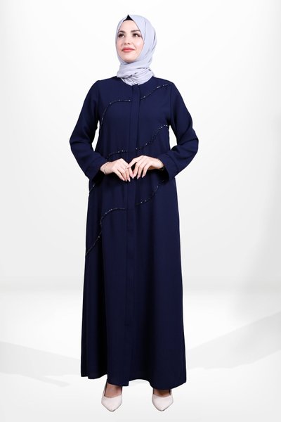 Bead-Embroidered Zippered Abaya - Navy Blue