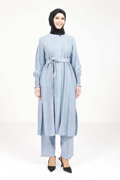 Belted Modest Two-Piece Set - Blue