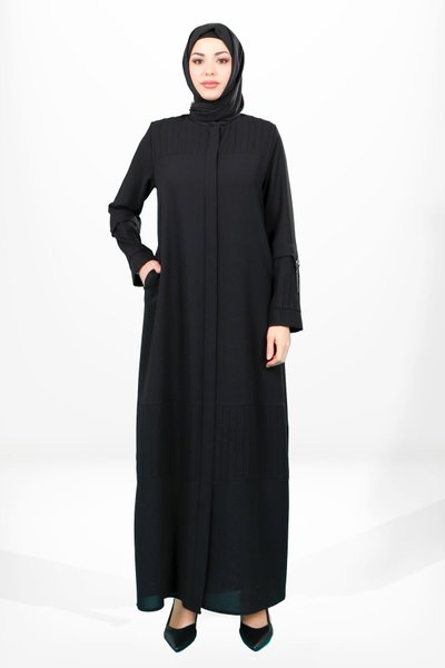 Ribbed Side-Pocket Zipped Abaya - Black