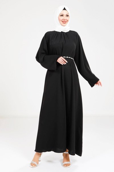 Stone Belt Detail Modest Dress - Black