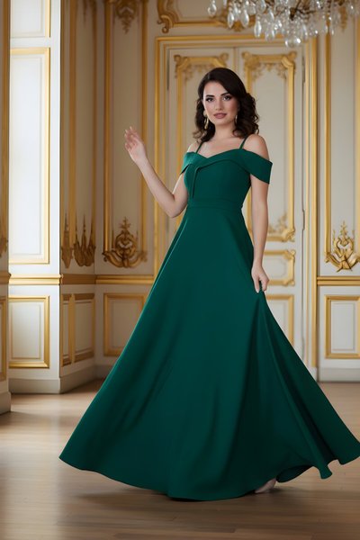 فستان سهرة طويل كلوش زمردي بأكتاف منسدلة بحمالات