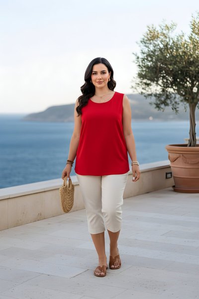 Wide Crepe Fabric Blouse - Red