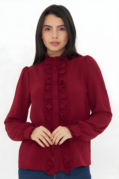 Bordo Uzun Kol Hakim Yaka Fırfır Detaylı Gömlek