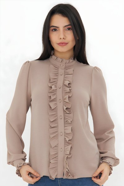 Kahverengi Hakim Yaka Uzun Kol Fırfır Detaylı Gömlek