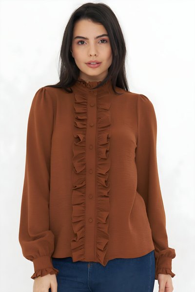 Kahverengi Uzun Kol Hakim Yaka Fırfır Detaylı Gömlek