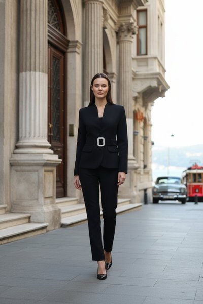 طقم بليزر أسود بتفاصيل حزام