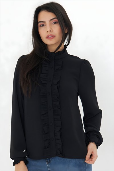 Siyah Hakim Yaka Uzun Kol Fırfır Detaylı Gömlek