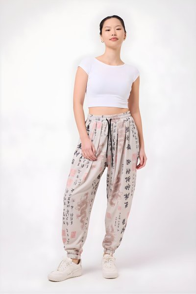 Sporty Harem Printed Seersucker Pants - Beige