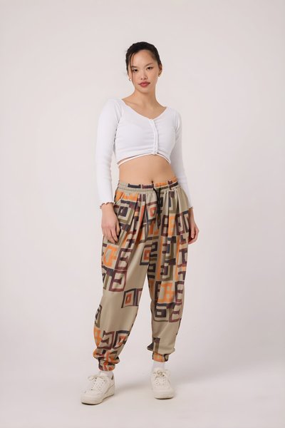 Sporty Harem Printed Crinkle Pants - Beige