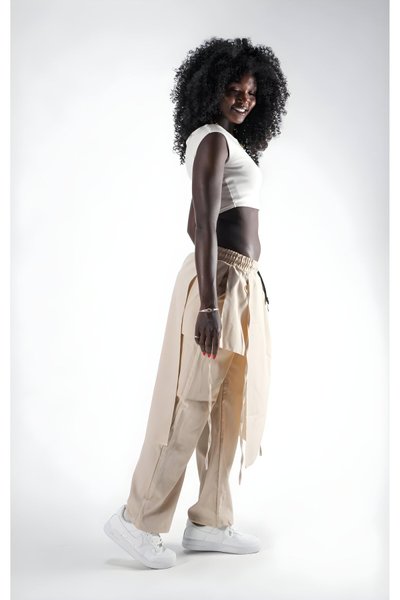 Samurai Style Skirt-Overlay Pants - Beige