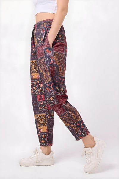 Sport Harem Printed Seersucker Pants - Burgundy