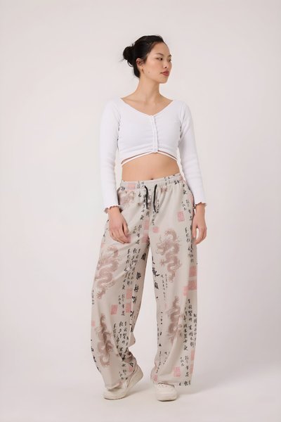 Baggy Casual Printed Crinkle Pants - Ecru