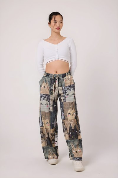 Baggy Sport Printed Seersucker Pants - Khaki