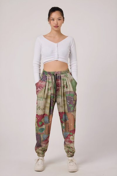 بنطلون شروال رياضي كاكي مطبوع قماش مجعد