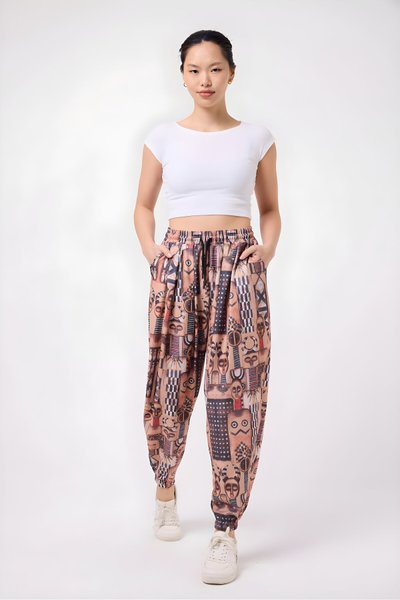 Sporty Printed Crinkle Baggy Pants - Brown