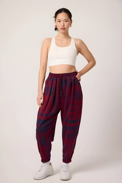 بنطلون شروال رياضي أحمر بنقشة جاكار