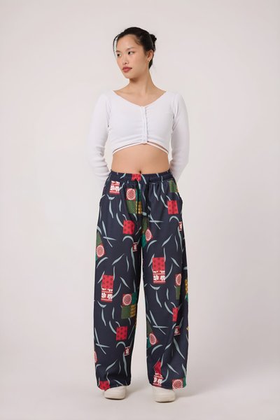 Baggy Printed Seersucker Pants - Navy Blue