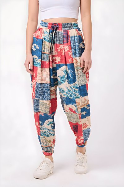 Sporty Harem Printed Crinkled Pants - Blue