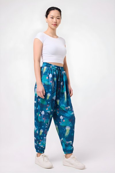 Harem Sport Printed Crinkle Pants - Blue