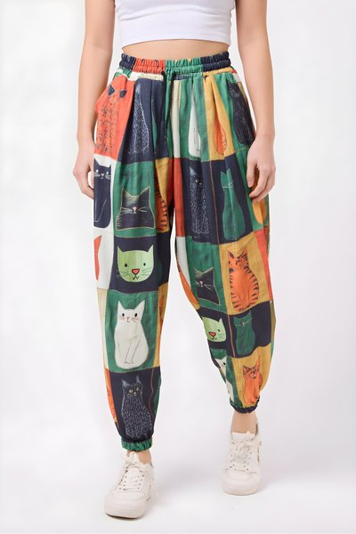 Sporty Harem Printed Seersucker Pants - Multi-colored