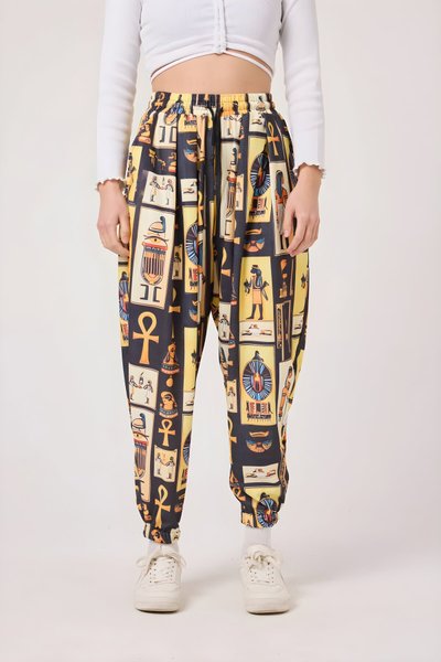 Sporty Harem Printed Crinkled Pants - Yellow