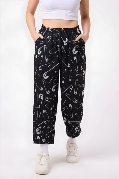 Baggy Street Style Hem-Detail Pants - Black White