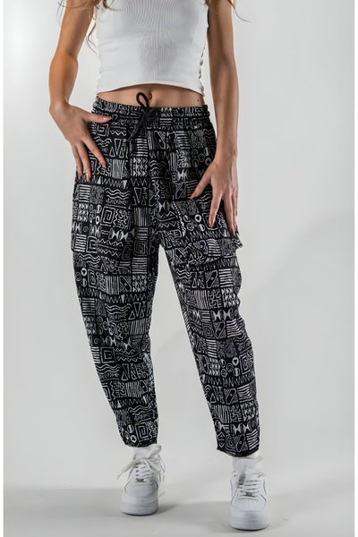 بنطلون باجيت أسود جاكار بنقشة عرقية