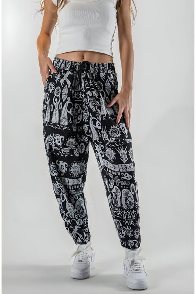 بنطلون باجيت أسود جاكار بنمط عرقي