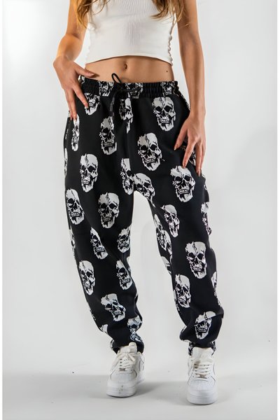 بنطلون باقيت أسود جاكار بنمط جمجمة