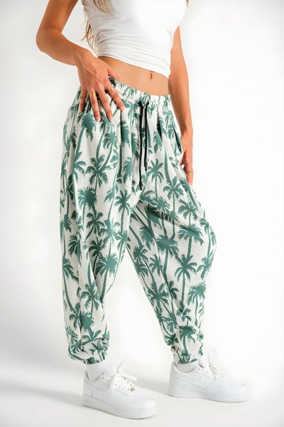 بنطلون شروال أخضر بطبعة نخيل بكسرات