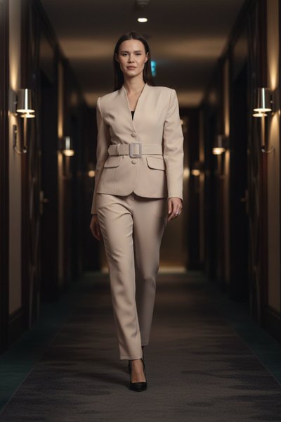 Bej Blazer Kemer Detaylı Takım