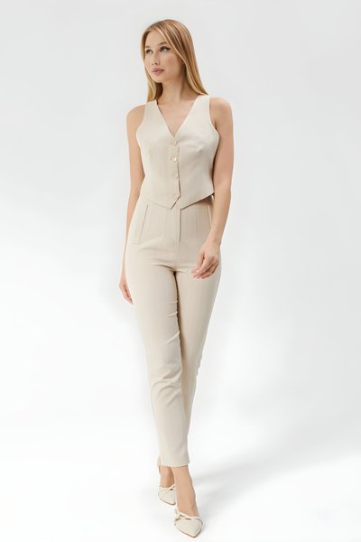 High-Waist Ankle-Length Striped Pocket Detail Pants - Beige