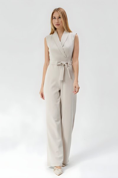 Striped Fabric Belted Jumpsuit - Beige