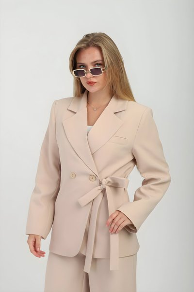 Oversized Double-breasted Tie-detail Jacket - Beige