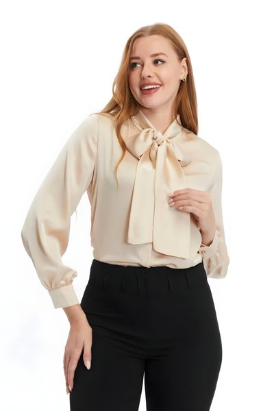 Classic Satin Bow-Detail Shirt - Beige