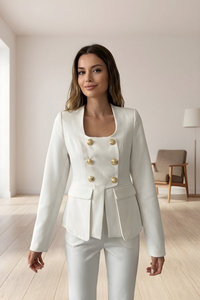Square-Neck Gold-Button Jacket - White