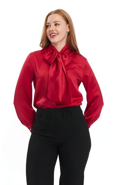 قميص كلاسيكي عنابي ساتان بفيونكة